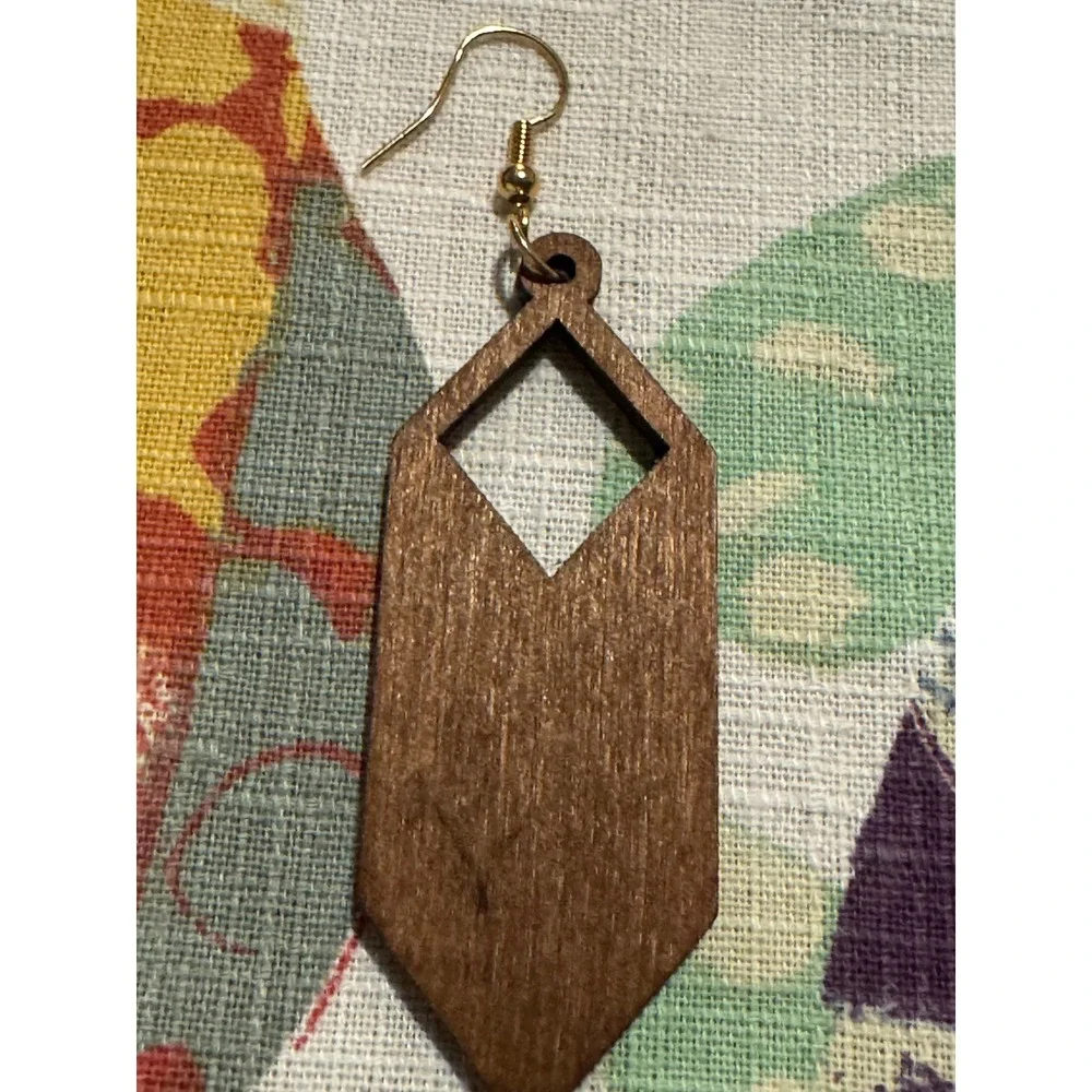 Boho Feather and Wood Hair-on-Hide Dangle Earring Set Gold Tone Brown 2 Pairs